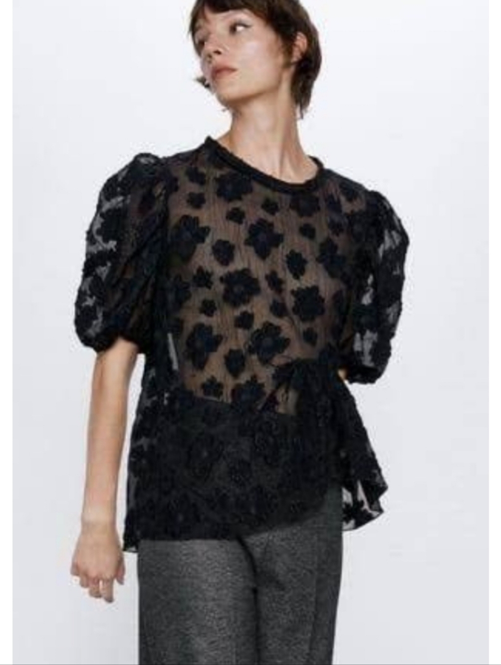 Zara Black Organza Velvet Flower Applique Puff Sleeve Peplum Top Small